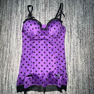 Per Lei Womens Size Medium Chemise Nightie Lingerie Purple Polka Dot‎ Stretch